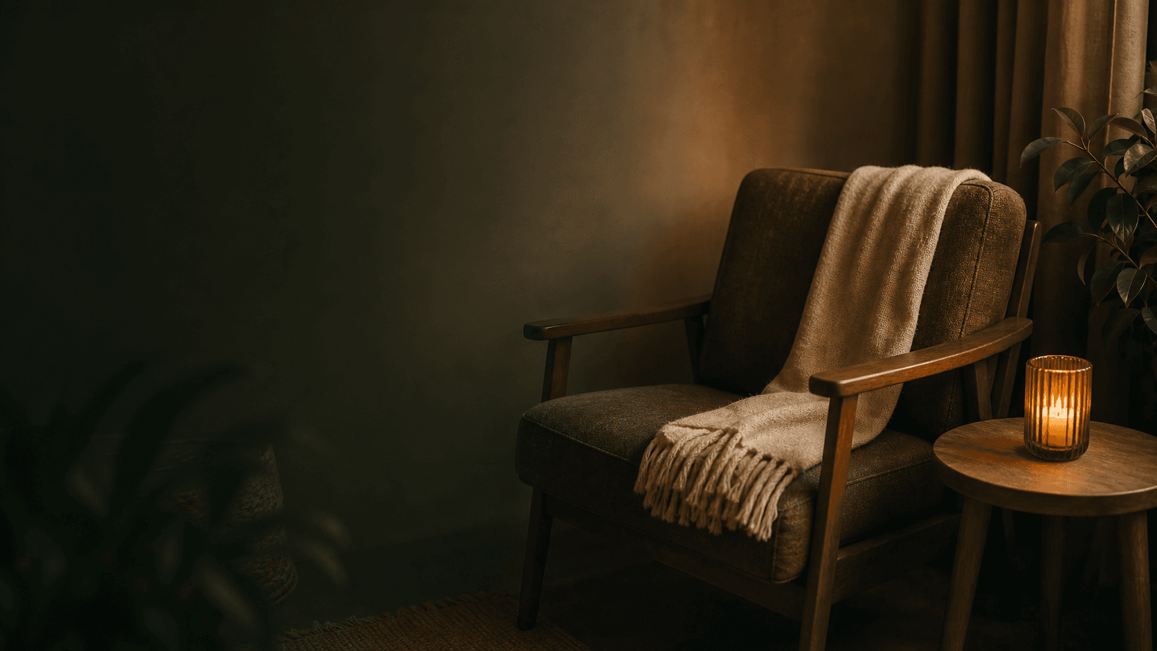A calm therapy room with a chair, blanket, candle and plant.